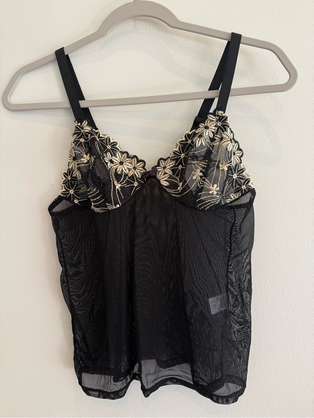 Sheer Mesh Black Lace-Trim Cami, Cream Floral Embroidery Adjustable Straps Med